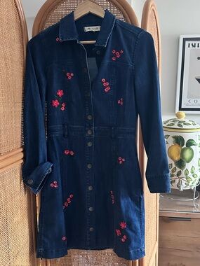 Madewell Dark Blue Denim Button-Front Dress with Red Floral Embroidery